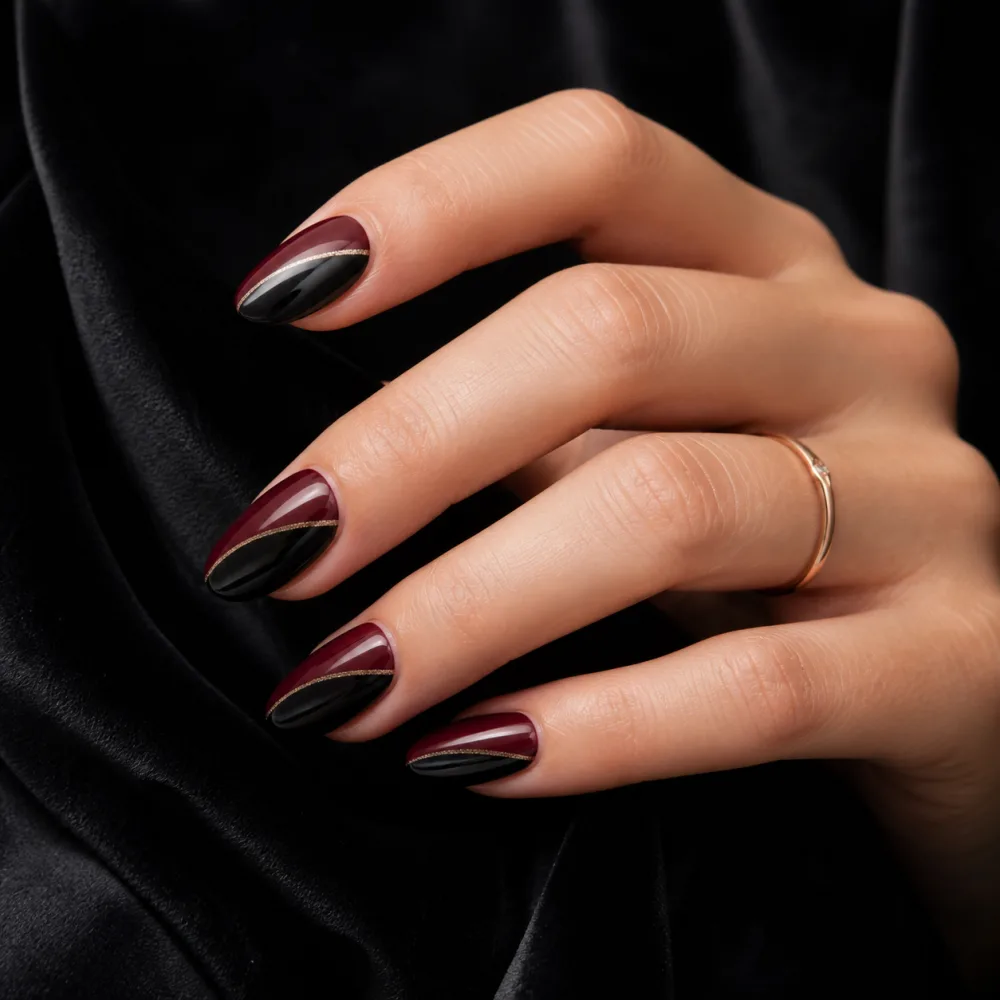 Wine and rose-gold nail art
