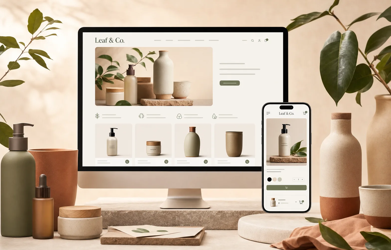 Leaf & Co. online store shown on desktop and mobile with product listing, product detail and cart views