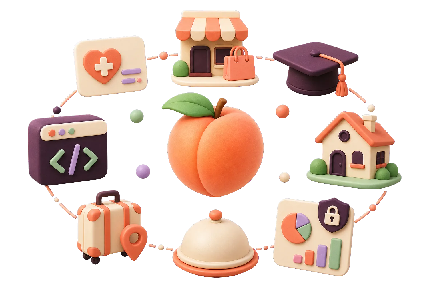 Illustration of a peach orbited by healthcare, retail, education, property, finance, food and travel icons